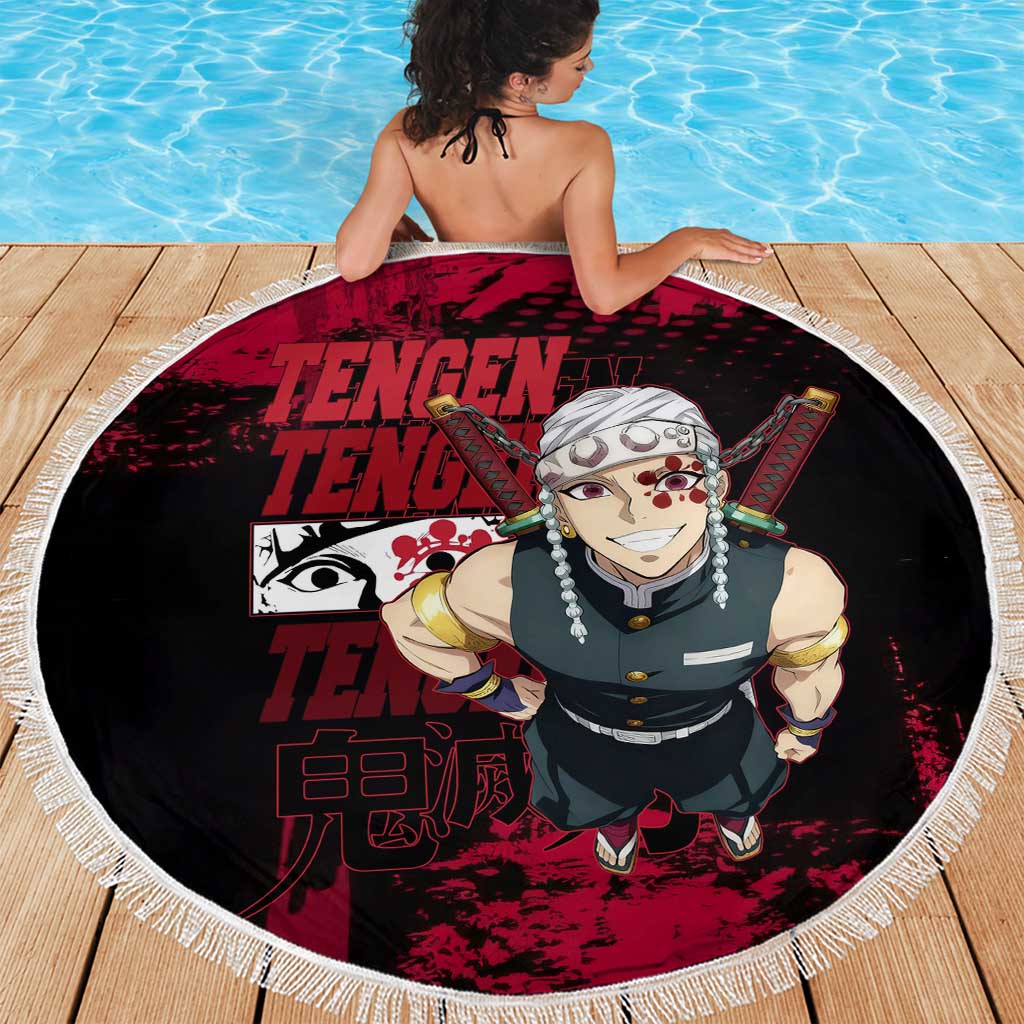 Tengen Uzui Demon Slayer Flashy Red Grunge Design Beach Blanket with Eye Detail and Dual Sword Pose - The Mazicc