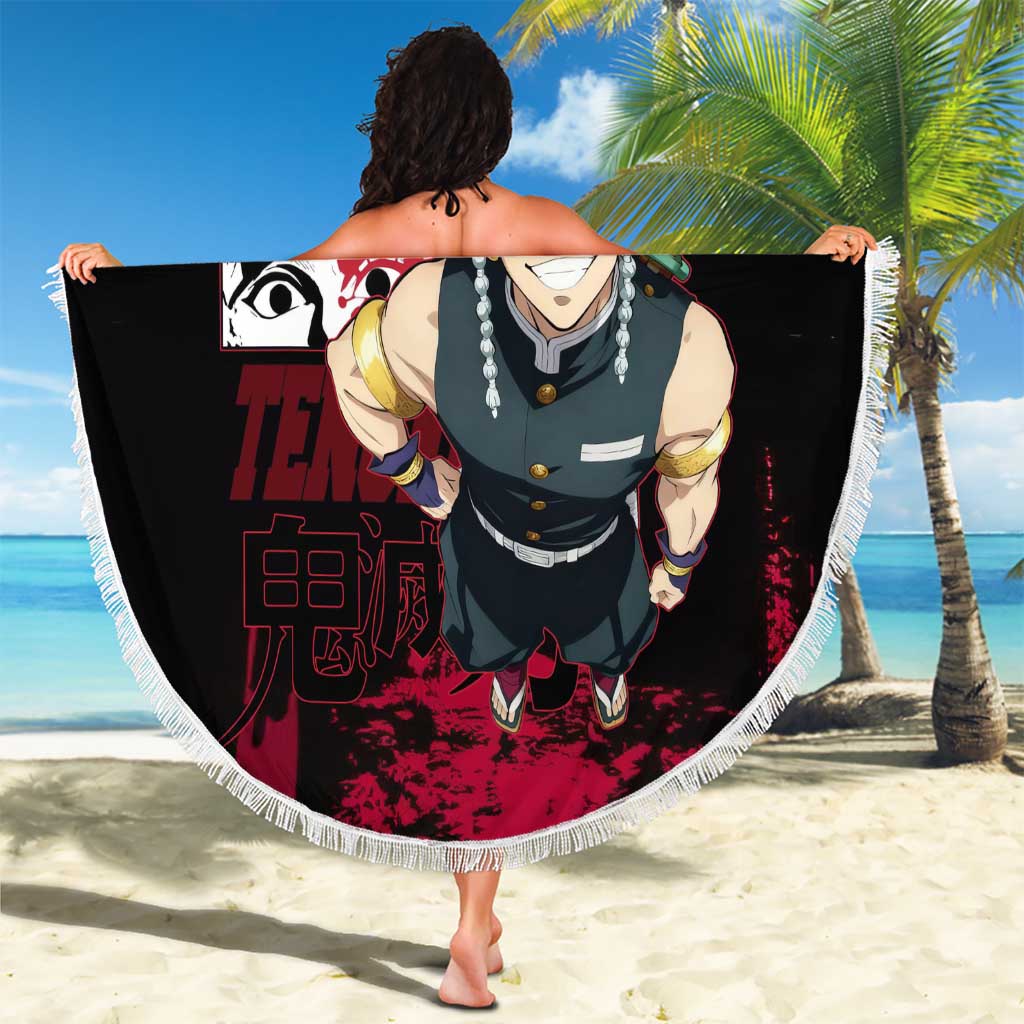 Tengen Uzui Demon Slayer Flashy Red Grunge Design Beach Blanket with Eye Detail and Dual Sword Pose - The Mazicc