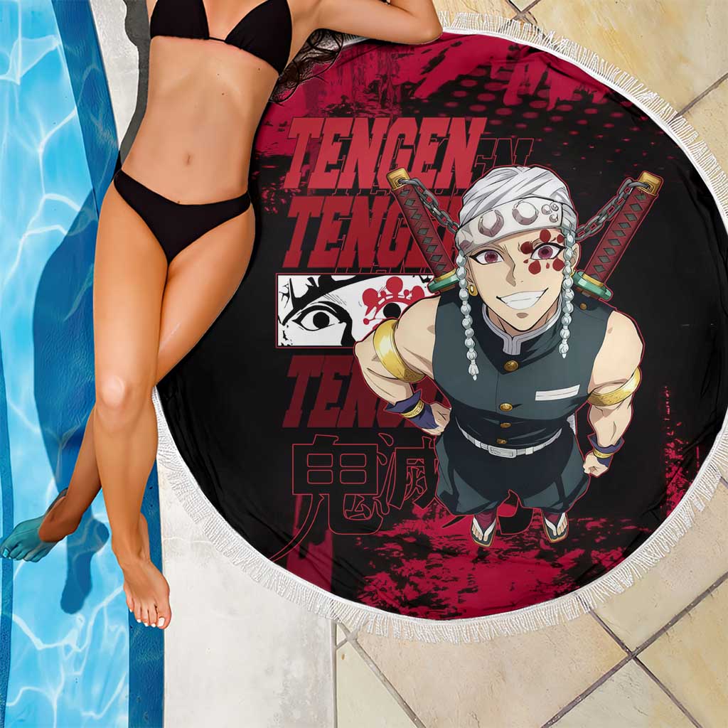 Tengen Uzui Demon Slayer Flashy Red Grunge Design Beach Blanket with Eye Detail and Dual Sword Pose - The Mazicc