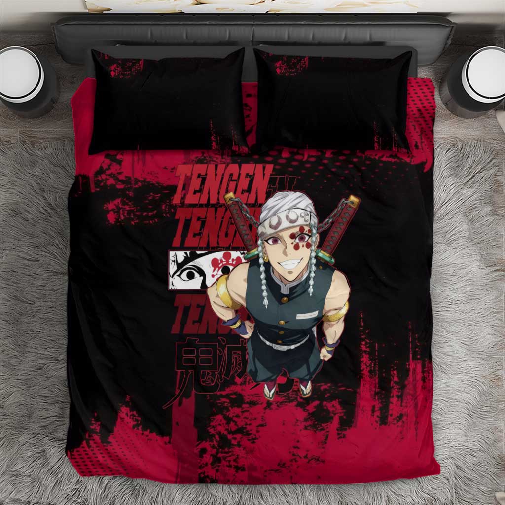 Tengen Uzui Demon Slayer Flashy Red Grunge Design Bedding Set with Eye Detail and Dual Sword Pose - The Mazicc