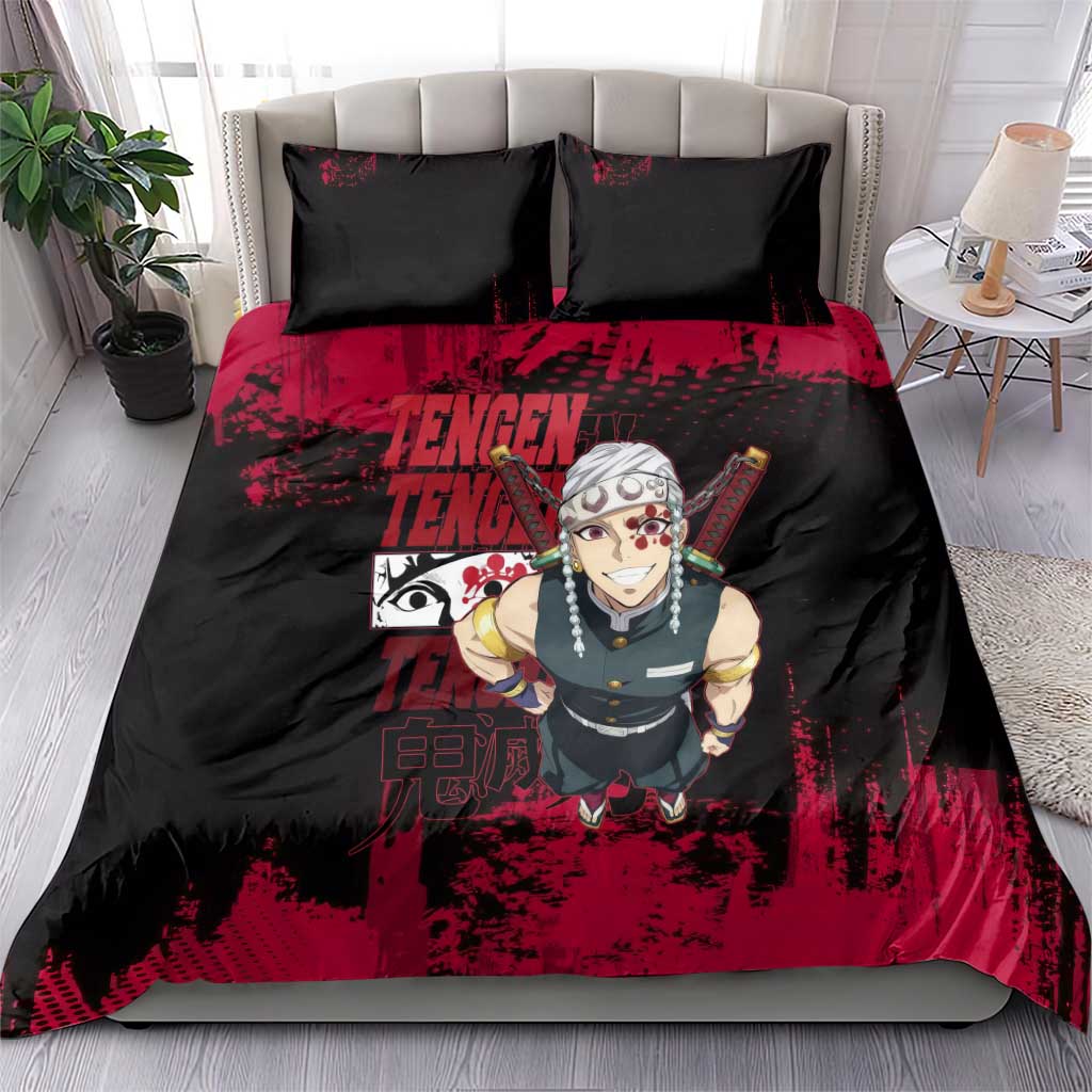 Tengen Uzui Demon Slayer Flashy Red Grunge Design Bedding Set with Eye Detail and Dual Sword Pose - The Mazicc