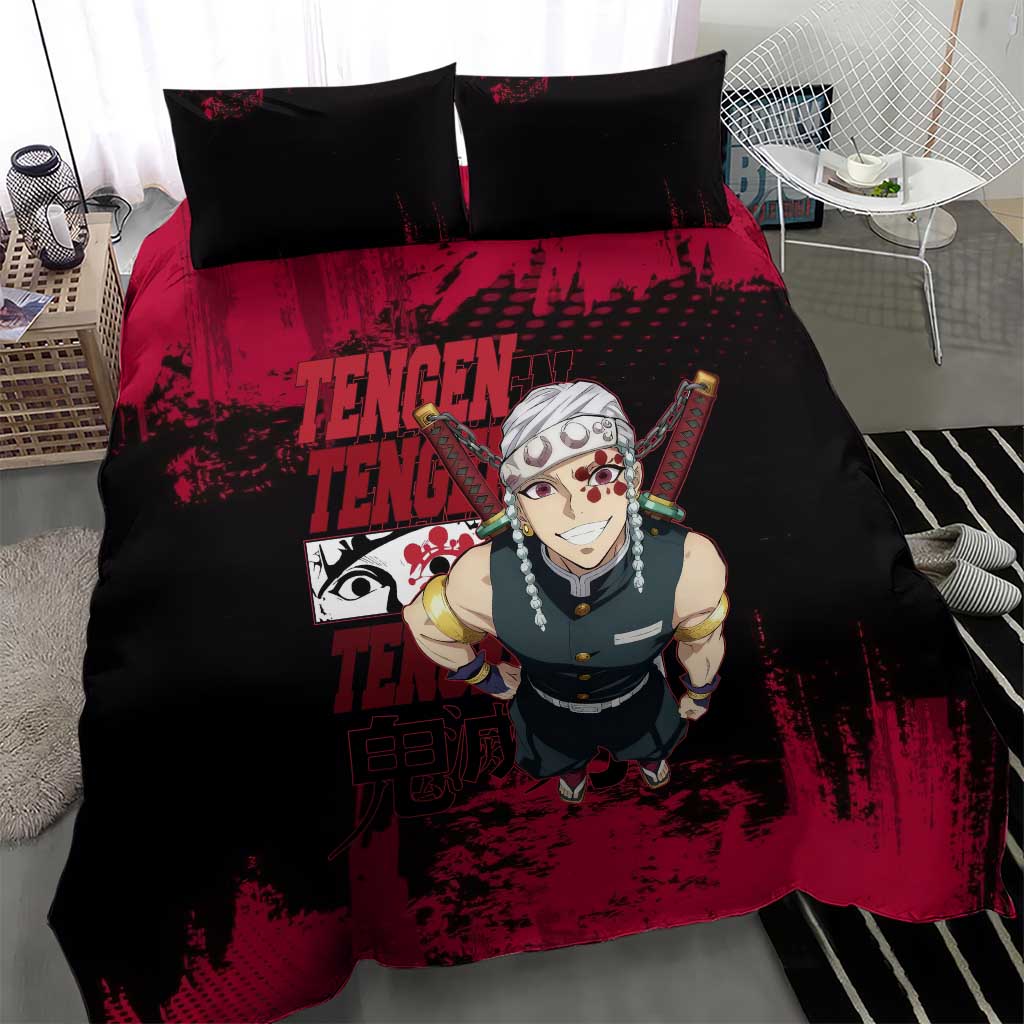 Tengen Uzui Demon Slayer Flashy Red Grunge Design Bedding Set with Eye Detail and Dual Sword Pose - The Mazicc