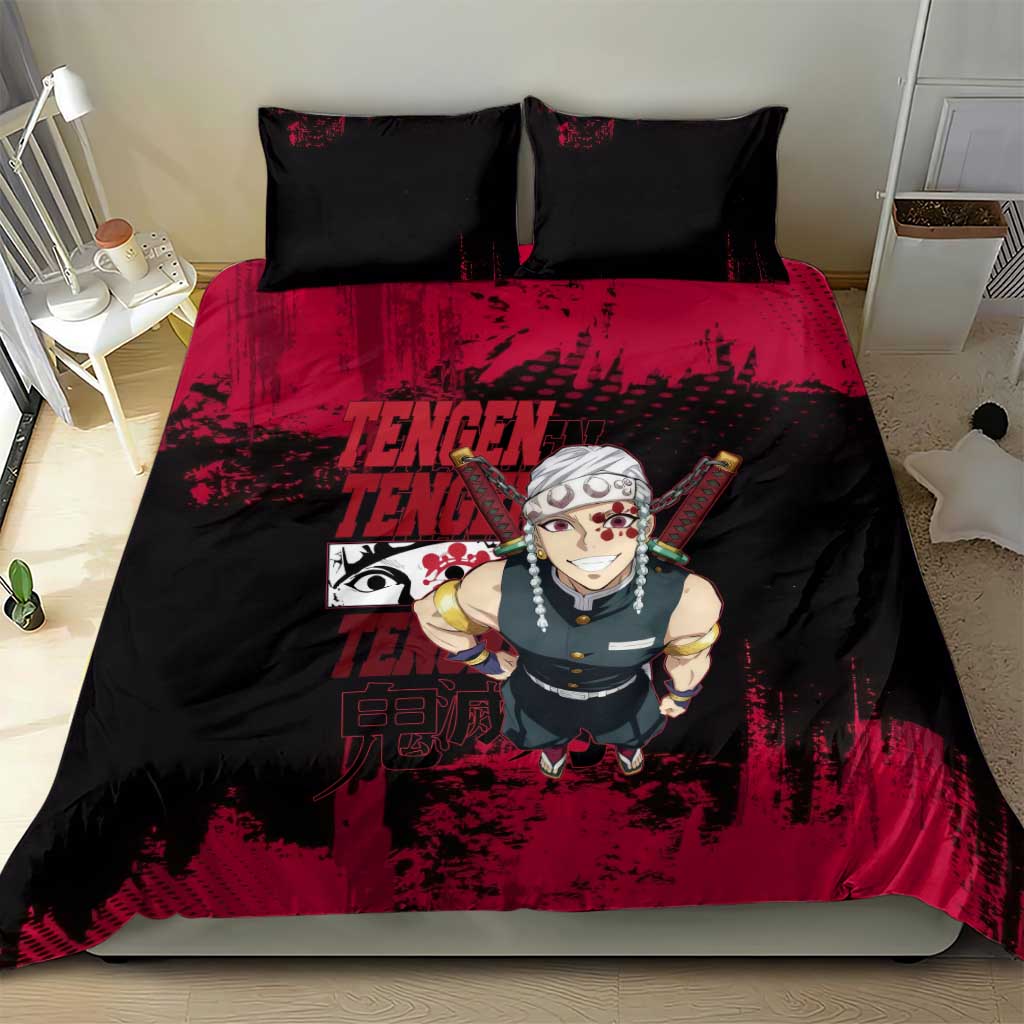 Tengen Uzui Demon Slayer Flashy Red Grunge Design Bedding Set with Eye Detail and Dual Sword Pose - The Mazicc
