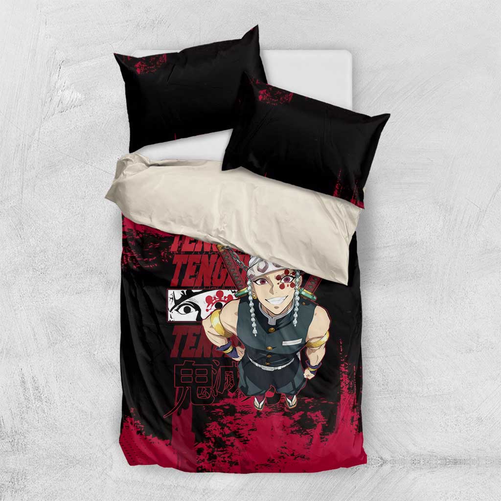 Tengen Uzui Demon Slayer Flashy Red Grunge Design Bedding Set with Eye Detail and Dual Sword Pose - The Mazicc
