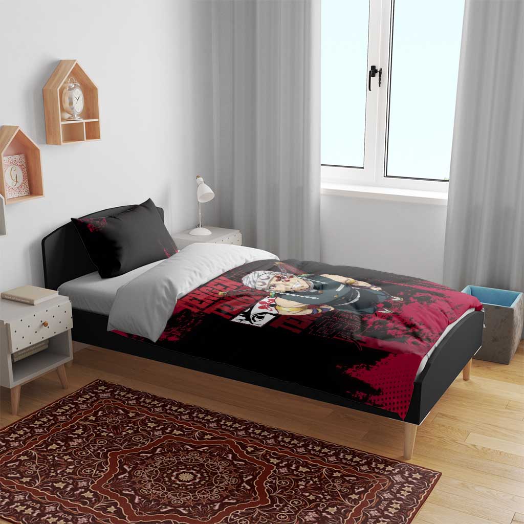 Tengen Uzui Demon Slayer Flashy Red Grunge Design Bedding Set with Eye Detail and Dual Sword Pose - The Mazicc