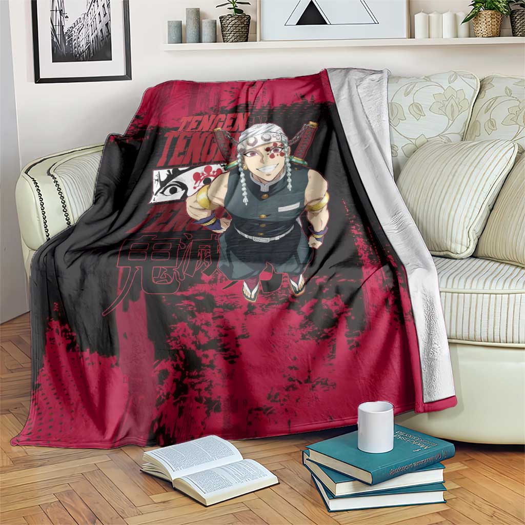 Tengen Uzui Demon Slayer Flashy Red Grunge Design Blanket with Eye Detail and Dual Sword Pose - The Mazicc