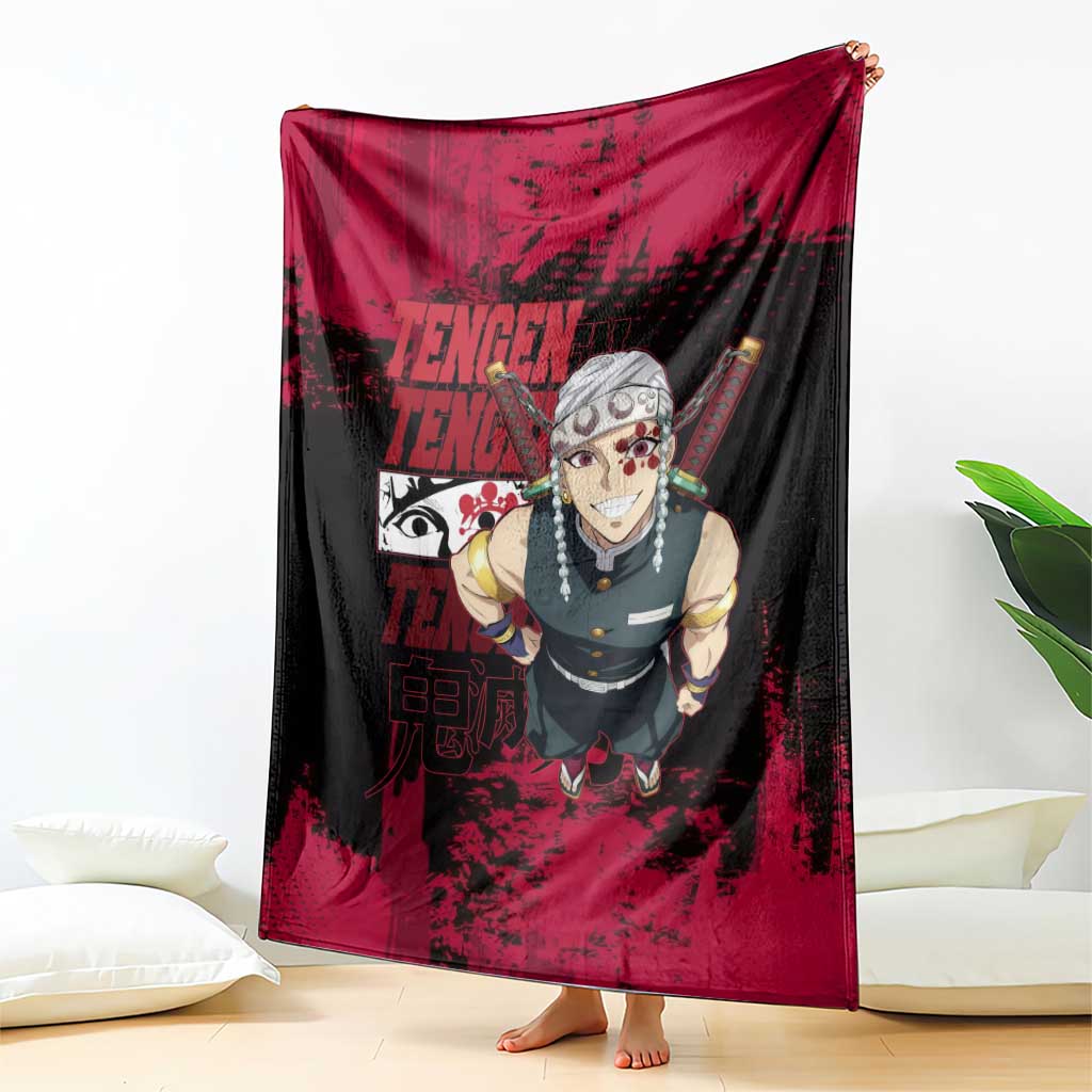 Tengen Uzui Demon Slayer Flashy Red Grunge Design Blanket with Eye Detail and Dual Sword Pose - The Mazicc