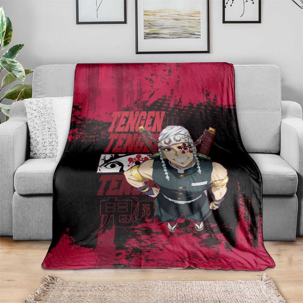 Tengen Uzui Demon Slayer Flashy Red Grunge Design Blanket with Eye Detail and Dual Sword Pose - The Mazicc