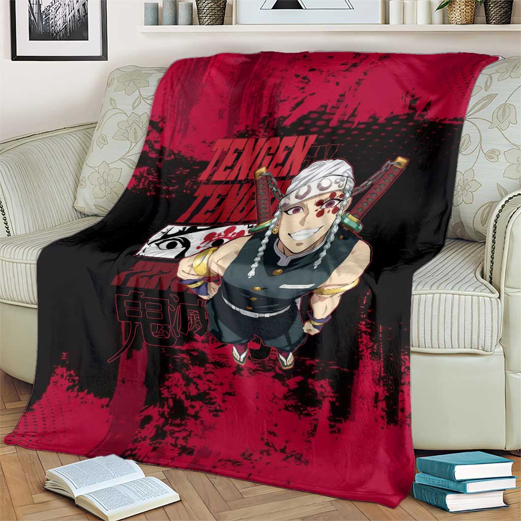 Tengen Uzui Demon Slayer Flashy Red Grunge Design Blanket with Eye Detail and Dual Sword Pose - The Mazicc