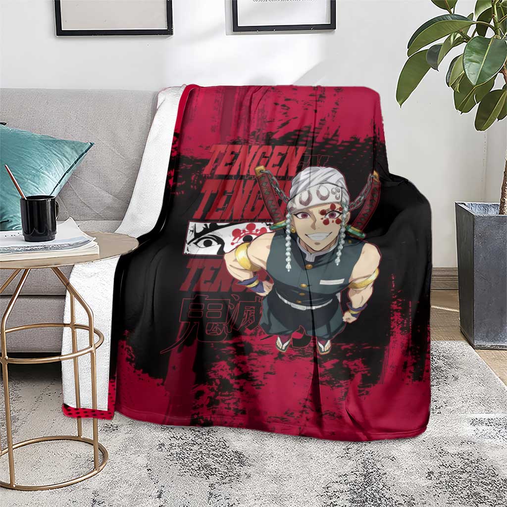 Tengen Uzui Demon Slayer Flashy Red Grunge Design Blanket with Eye Detail and Dual Sword Pose - The Mazicc