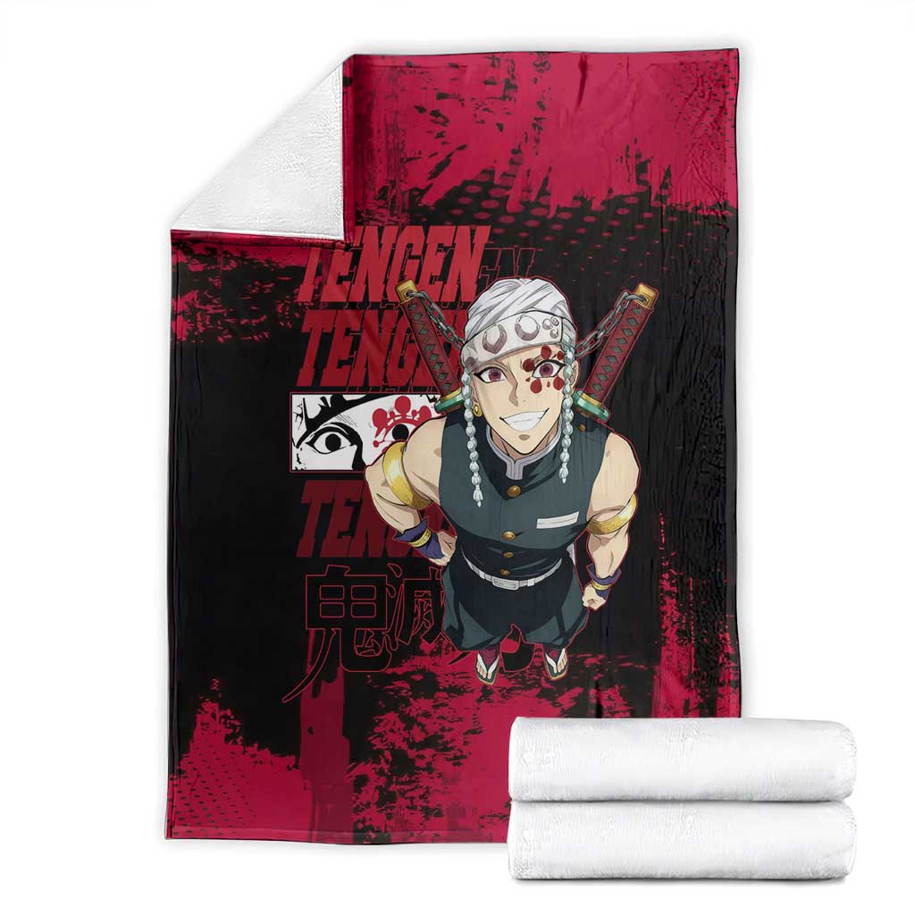 Tengen Uzui Demon Slayer Flashy Red Grunge Design Blanket with Eye Detail and Dual Sword Pose - The Mazicc