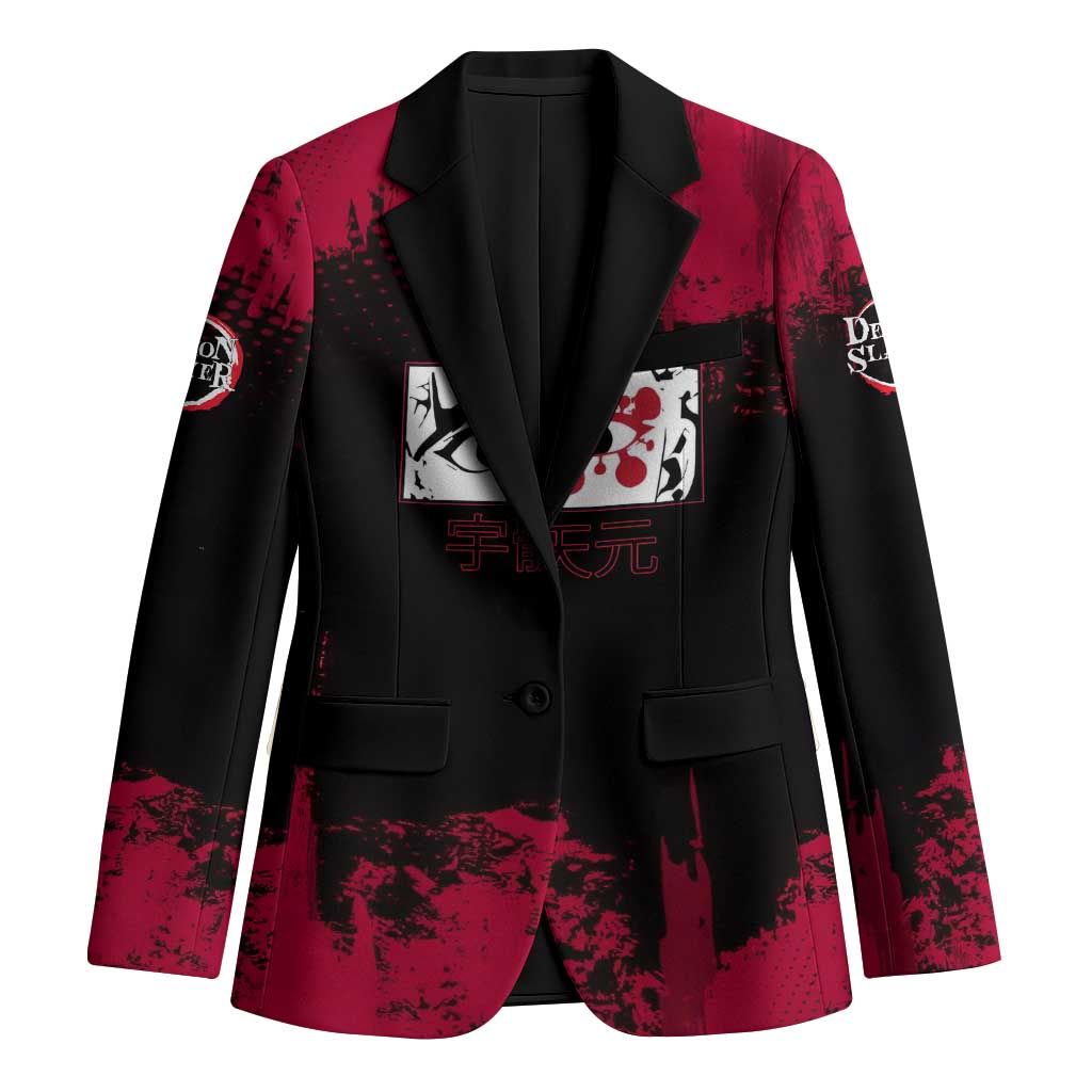 Tengen Uzui Demon Slayer Flashy Red Grunge Design Blazer with Eye Detail and Dual Sword Pose - The Mazicc