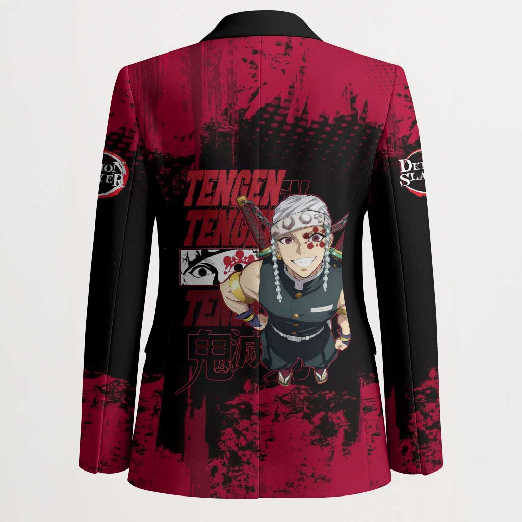 Tengen Uzui Demon Slayer Flashy Red Grunge Design Blazer with Eye Detail and Dual Sword Pose - The Mazicc