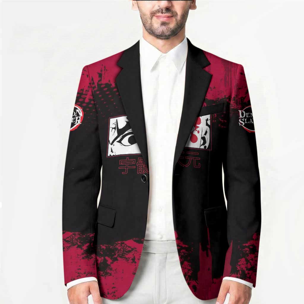 Tengen Uzui Demon Slayer Flashy Red Grunge Design Blazer with Eye Detail and Dual Sword Pose - The Mazicc