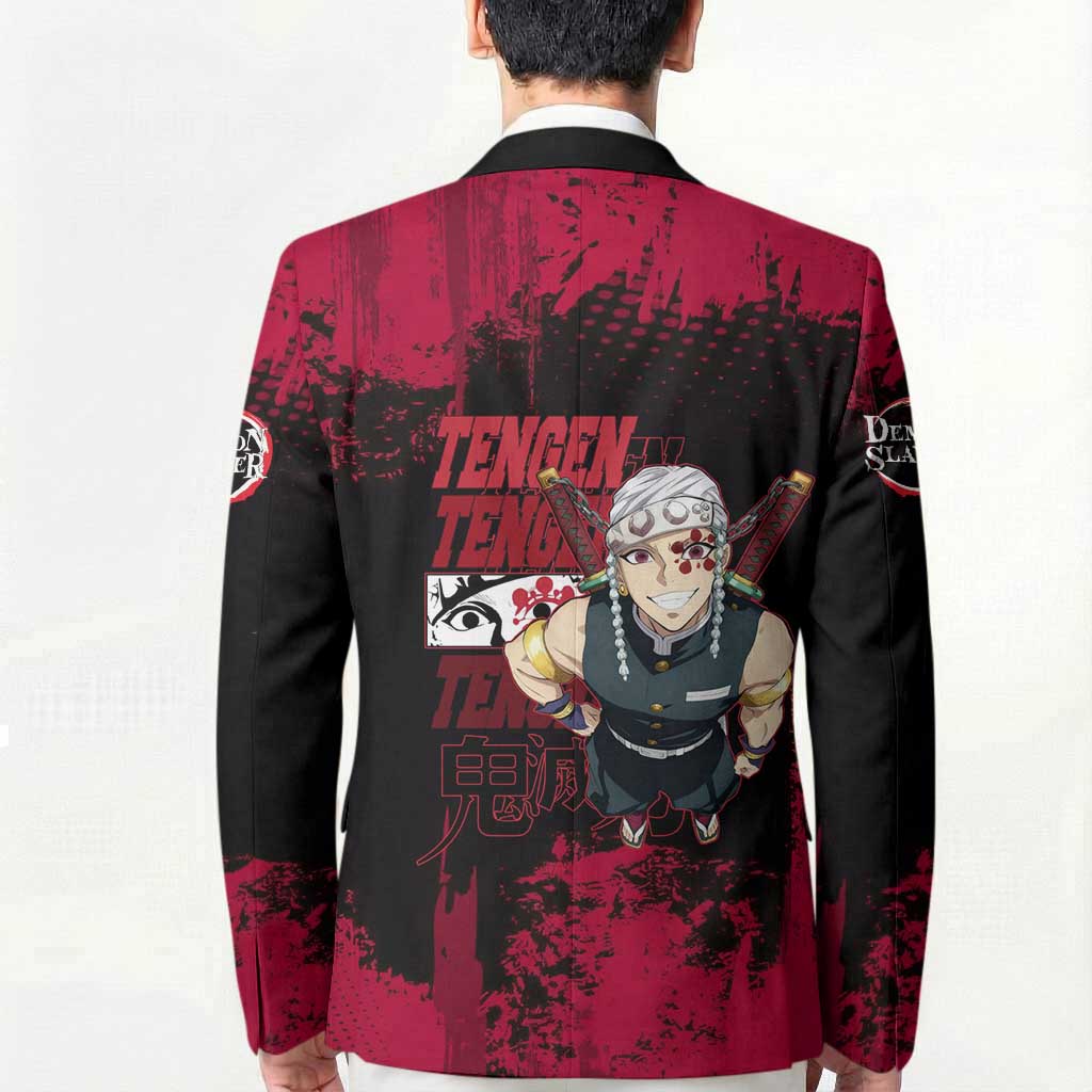 Tengen Uzui Demon Slayer Flashy Red Grunge Design Blazer with Eye Detail and Dual Sword Pose - The Mazicc