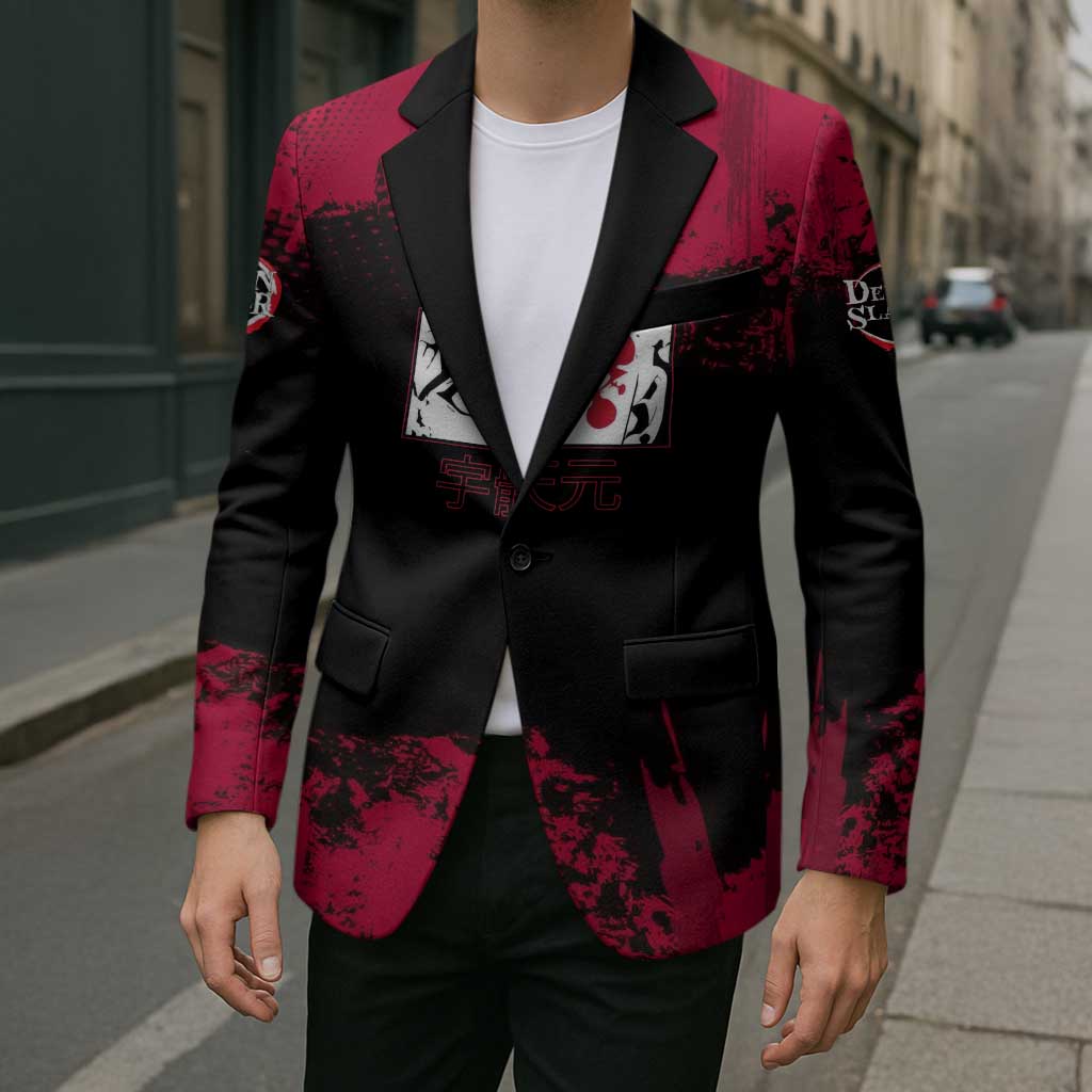 Tengen Uzui Demon Slayer Flashy Red Grunge Design Blazer with Eye Detail and Dual Sword Pose - The Mazicc