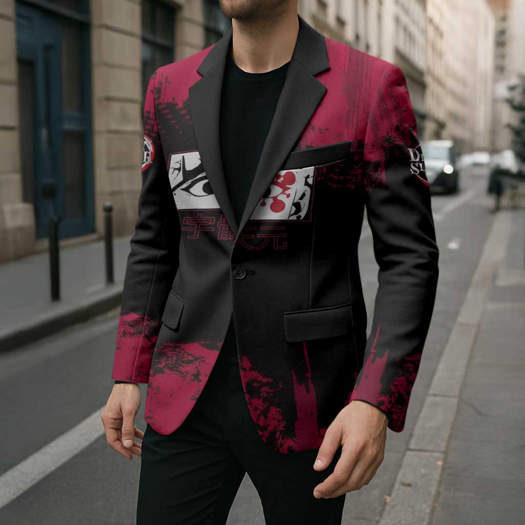 Tengen Uzui Demon Slayer Flashy Red Grunge Design Blazer with Eye Detail and Dual Sword Pose - The Mazicc