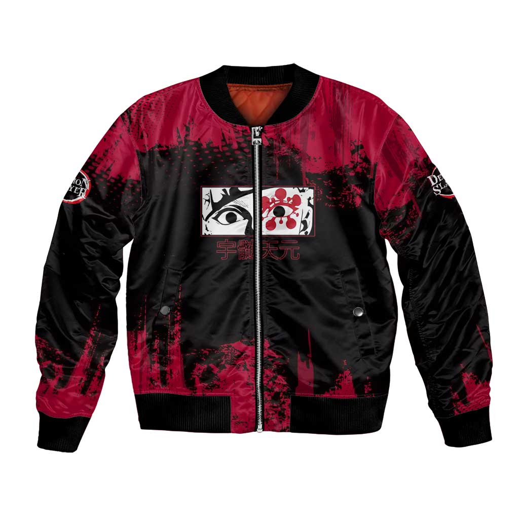 Tengen Uzui Demon Slayer Flashy Red Grunge Design Bomber Jacket with Eye Detail and Dual Sword Pose - The Mazicc