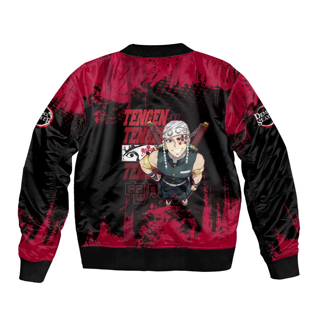 Tengen Uzui Demon Slayer Flashy Red Grunge Design Bomber Jacket with Eye Detail and Dual Sword Pose - The Mazicc