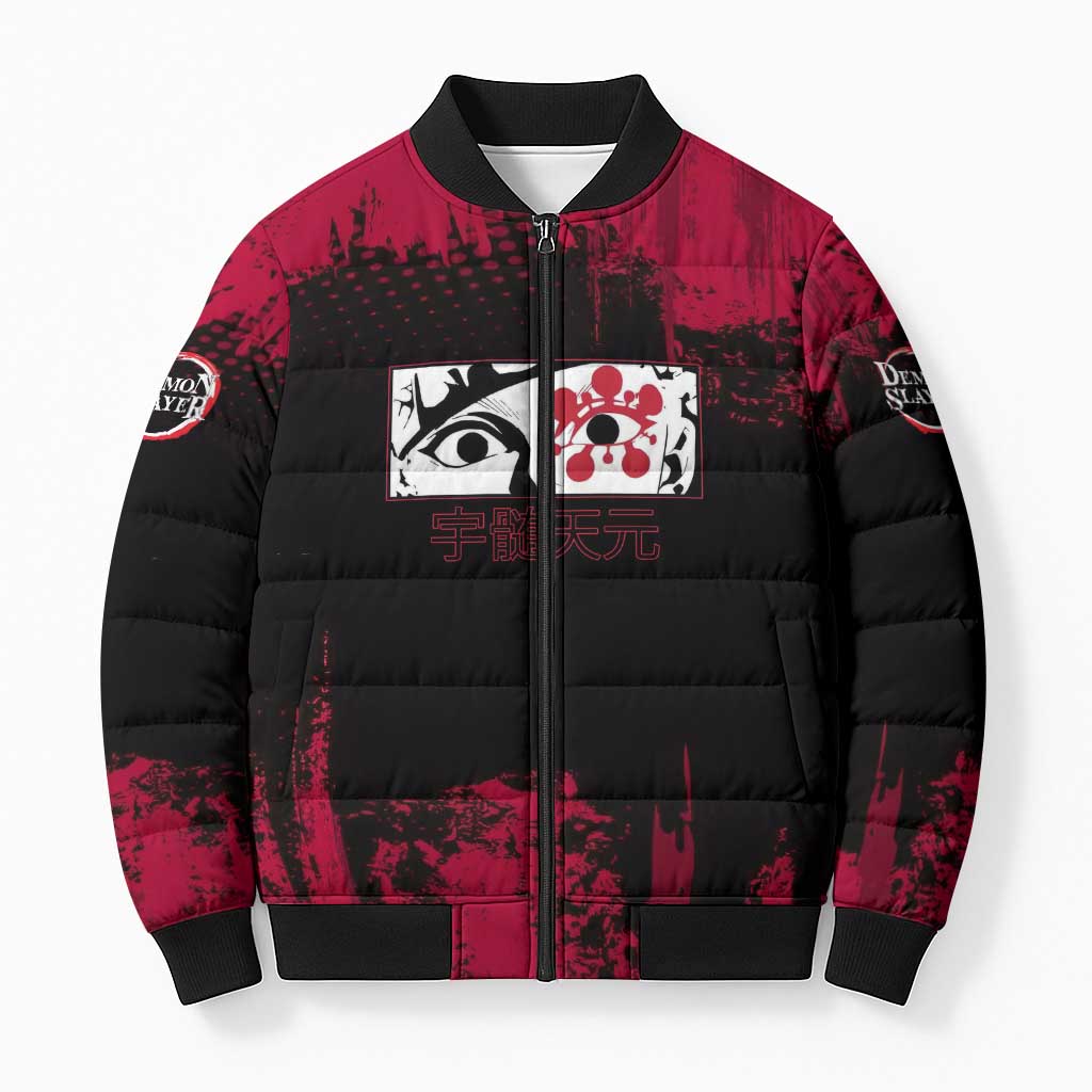 Tengen Uzui Demon Slayer Flashy Red Grunge Design Bomber Puffer Jacket with Eye Detail and Dual Sword Pose - The Mazicc