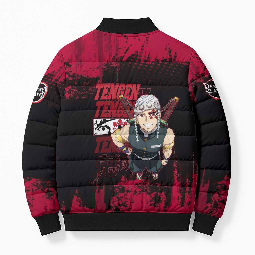Tengen Uzui Demon Slayer Flashy Red Grunge Design Bomber Puffer Jacket with Eye Detail and Dual Sword Pose - The Mazicc