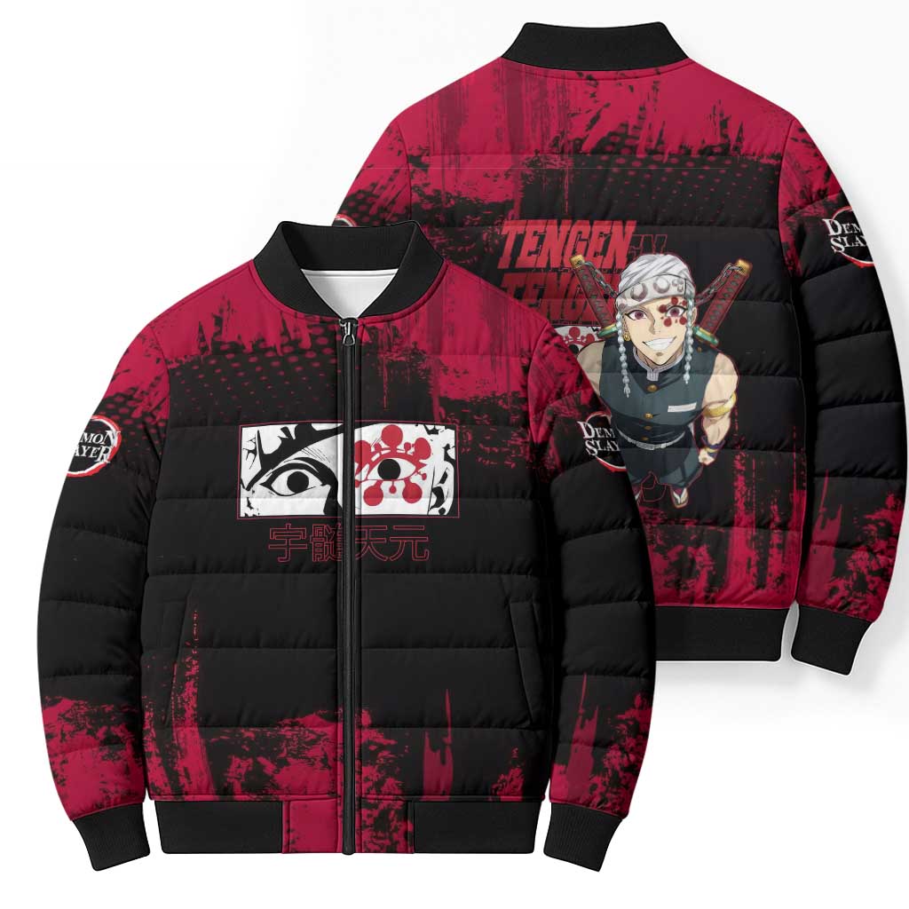 Tengen Uzui Demon Slayer Flashy Red Grunge Design Bomber Puffer Jacket with Eye Detail and Dual Sword Pose - The Mazicc