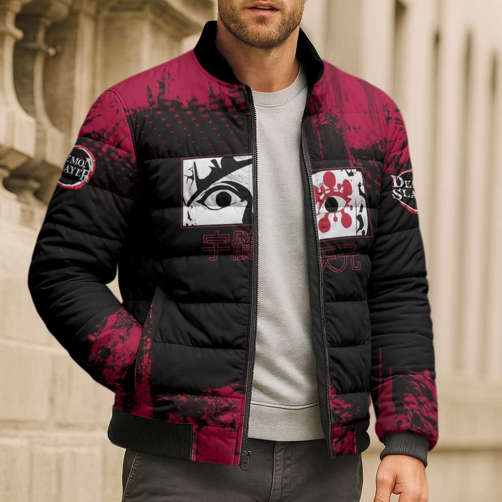 Tengen Uzui Demon Slayer Flashy Red Grunge Design Bomber Puffer Jacket with Eye Detail and Dual Sword Pose - The Mazicc