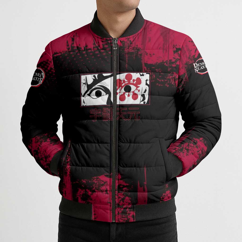 Tengen Uzui Demon Slayer Flashy Red Grunge Design Bomber Puffer Jacket with Eye Detail and Dual Sword Pose - The Mazicc