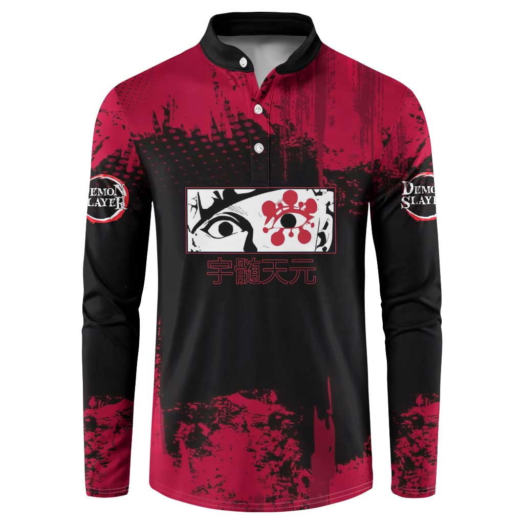 Tengen Uzui Demon Slayer Flashy Red Grunge Design Button Sweatshirt with Eye Detail and Dual Sword Pose - The Mazicc