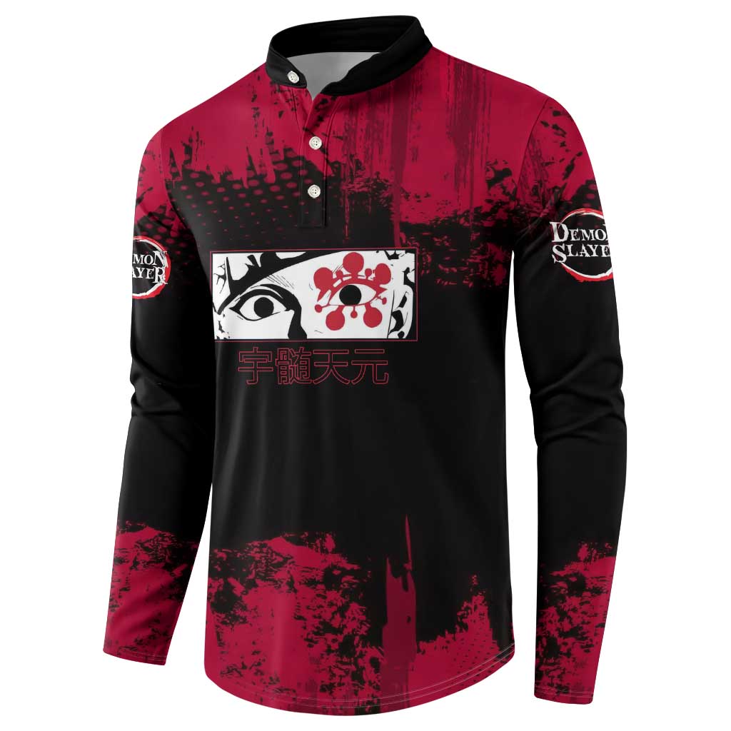 Tengen Uzui Demon Slayer Flashy Red Grunge Design Button Sweatshirt with Eye Detail and Dual Sword Pose - The Mazicc