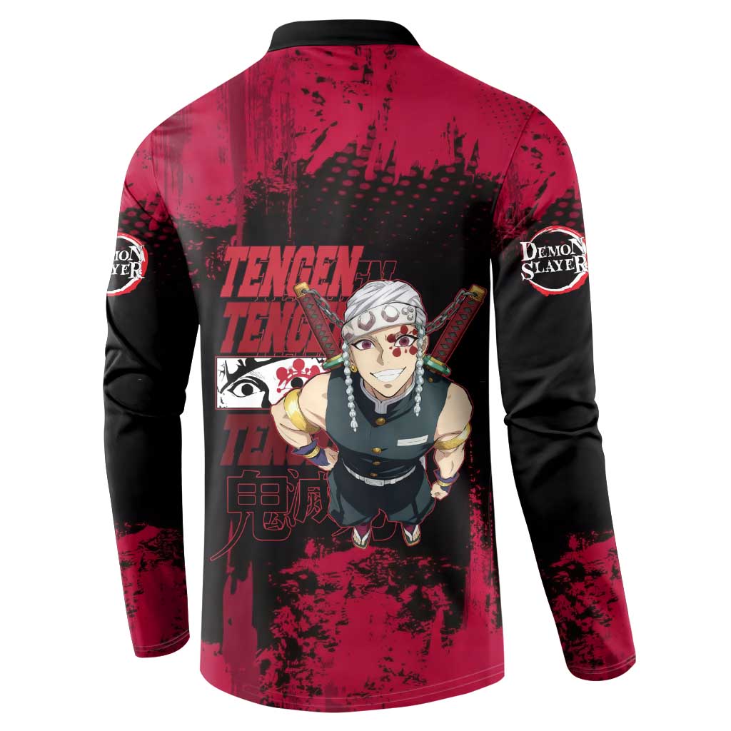 Tengen Uzui Demon Slayer Flashy Red Grunge Design Button Sweatshirt with Eye Detail and Dual Sword Pose - The Mazicc