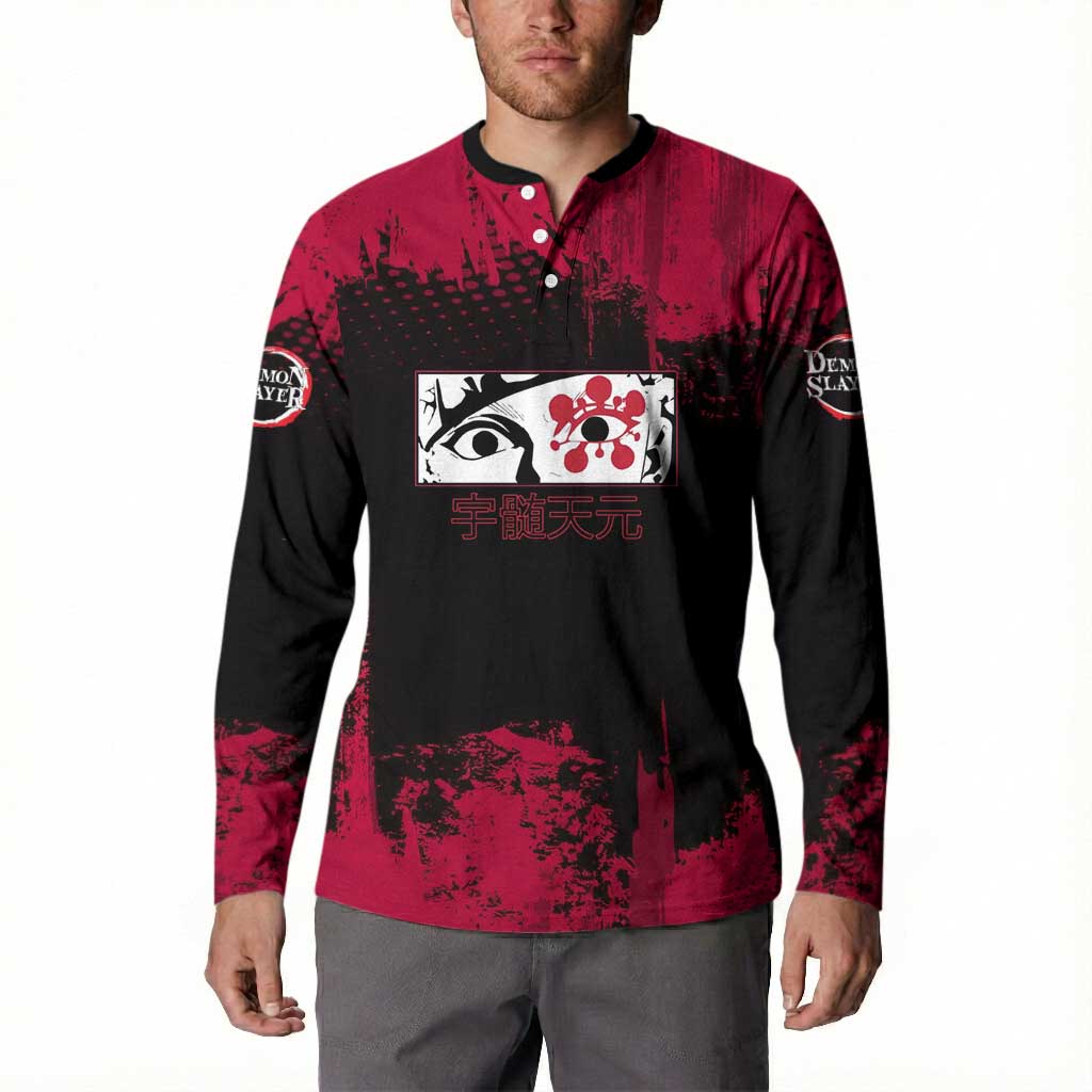 Tengen Uzui Demon Slayer Flashy Red Grunge Design Button Sweatshirt with Eye Detail and Dual Sword Pose - The Mazicc