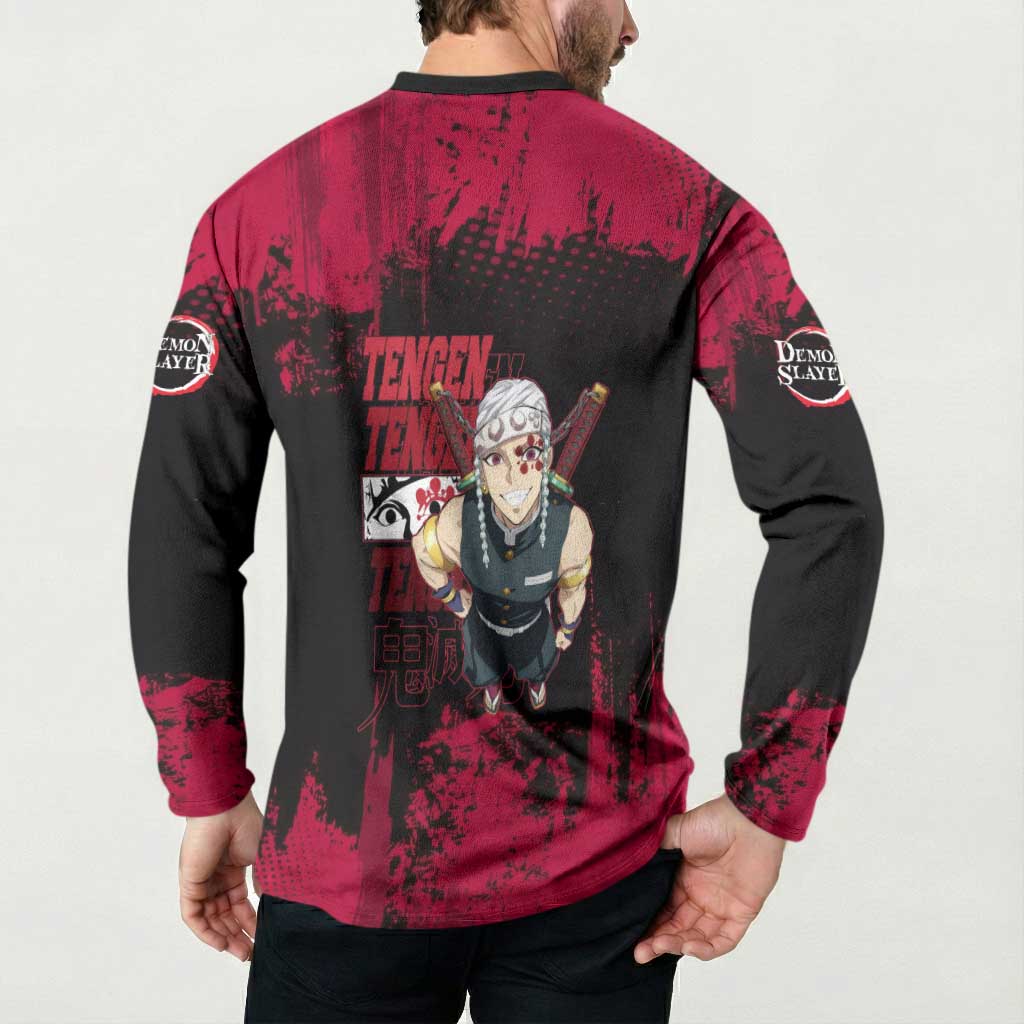 Tengen Uzui Demon Slayer Flashy Red Grunge Design Button Sweatshirt with Eye Detail and Dual Sword Pose - The Mazicc