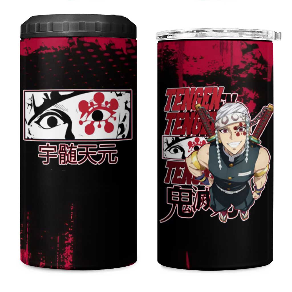 Tengen Uzui Demon Slayer Flashy Red Grunge Design 4 in 1 Can Cooler Tumbler with Eye Detail and Dual Sword Pose - The Mazicc
