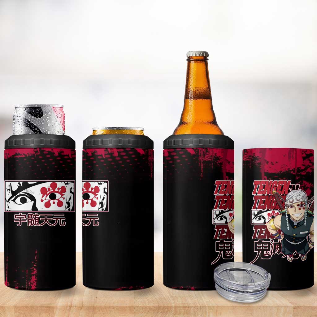 Tengen Uzui Demon Slayer Flashy Red Grunge Design 4 in 1 Can Cooler Tumbler with Eye Detail and Dual Sword Pose - The Mazicc