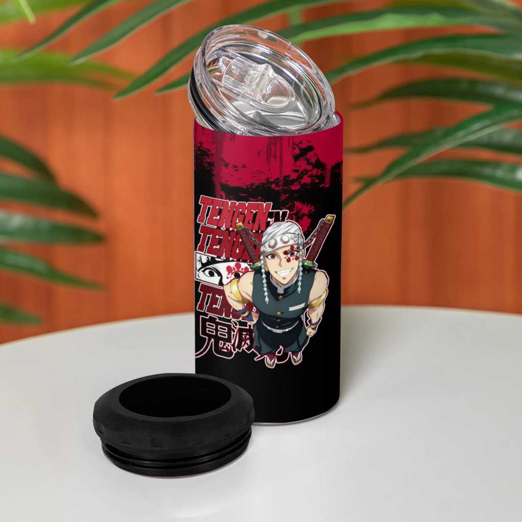 Tengen Uzui Demon Slayer Flashy Red Grunge Design 4 in 1 Can Cooler Tumbler with Eye Detail and Dual Sword Pose - The Mazicc