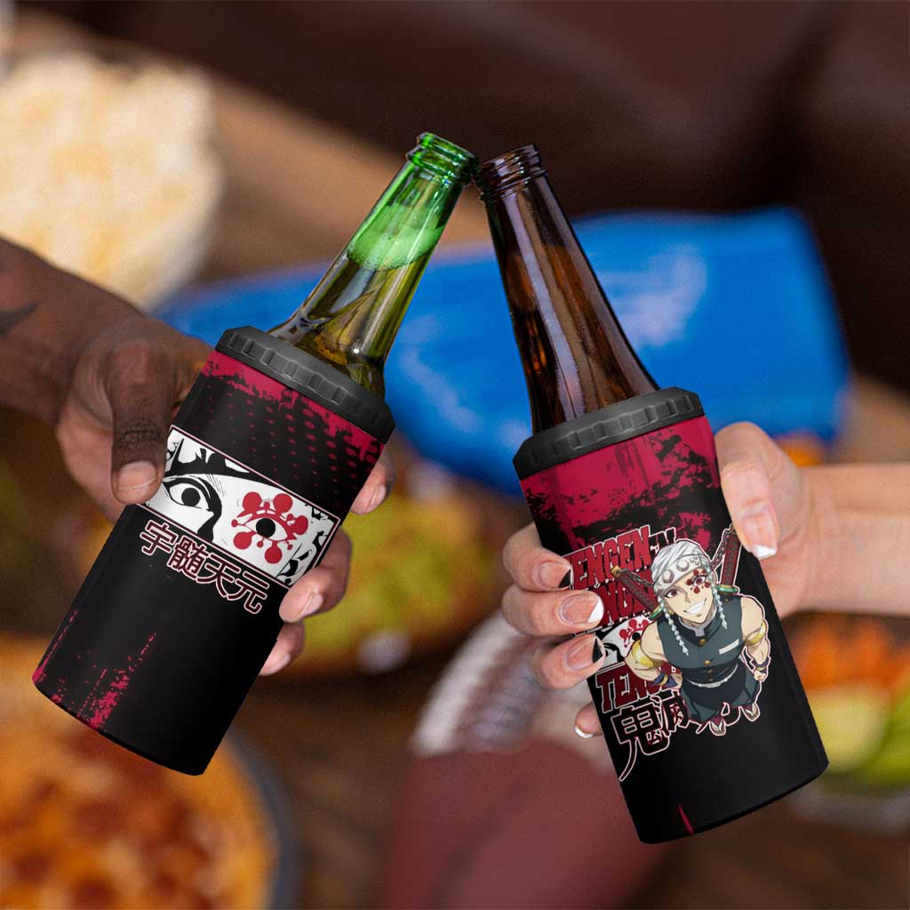 Tengen Uzui Demon Slayer Flashy Red Grunge Design 4 in 1 Can Cooler Tumbler with Eye Detail and Dual Sword Pose - The Mazicc