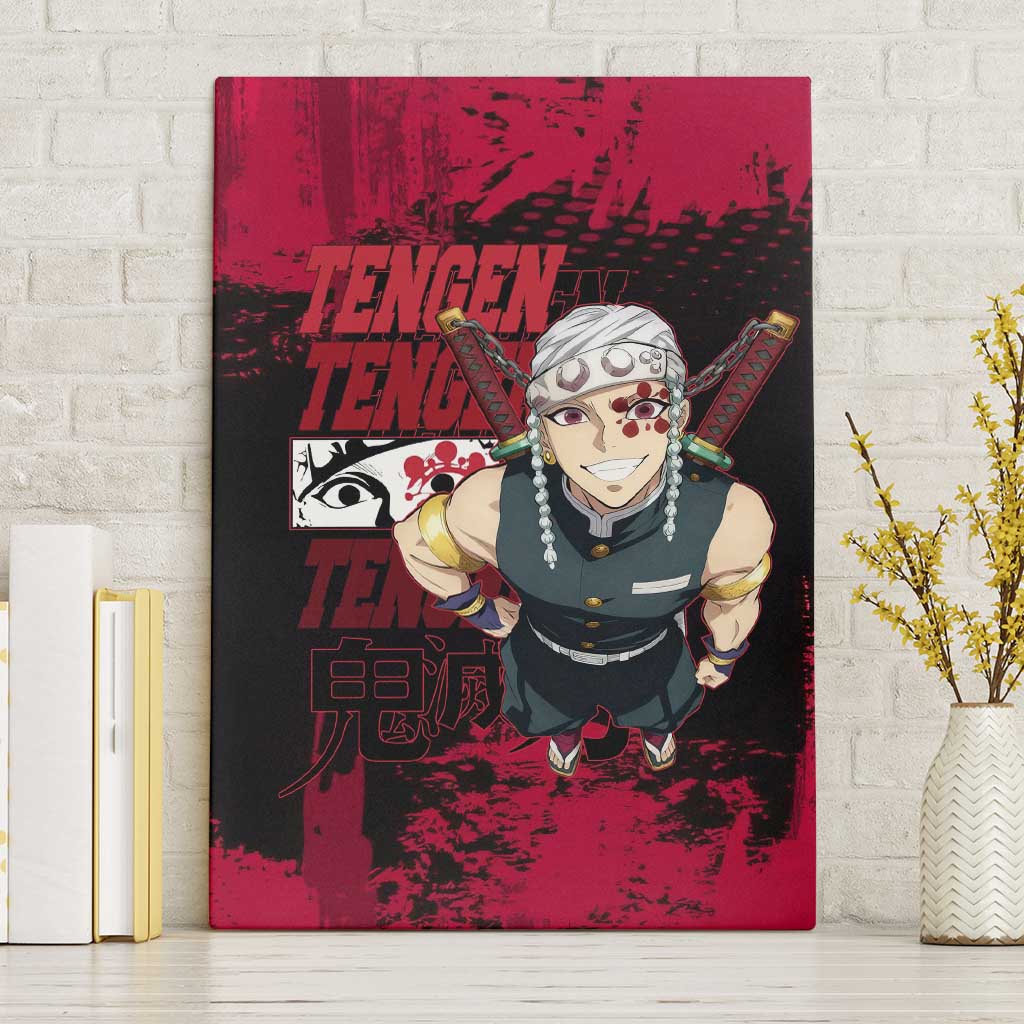 Tengen Uzui Demon Slayer Flashy Red Grunge Design Canvas Wall Art with Eye Detail and Dual Sword Pose - The Mazicc