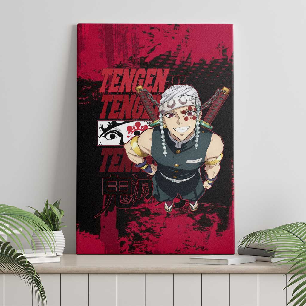 Tengen Uzui Demon Slayer Flashy Red Grunge Design Canvas Wall Art with Eye Detail and Dual Sword Pose - The Mazicc