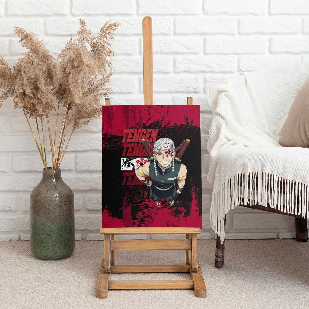 Tengen Uzui Demon Slayer Flashy Red Grunge Design Canvas Wall Art with Eye Detail and Dual Sword Pose - The Mazicc