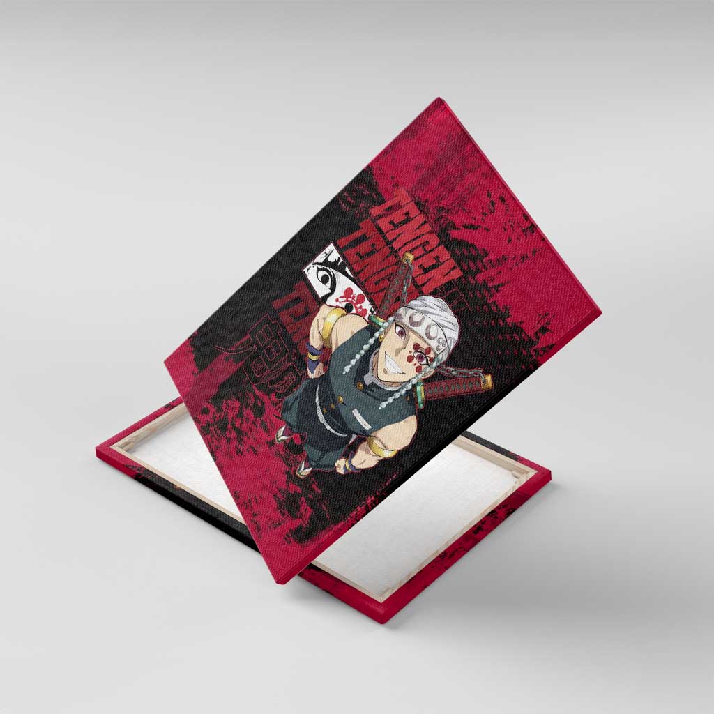 Tengen Uzui Demon Slayer Flashy Red Grunge Design Canvas Wall Art with Eye Detail and Dual Sword Pose - The Mazicc