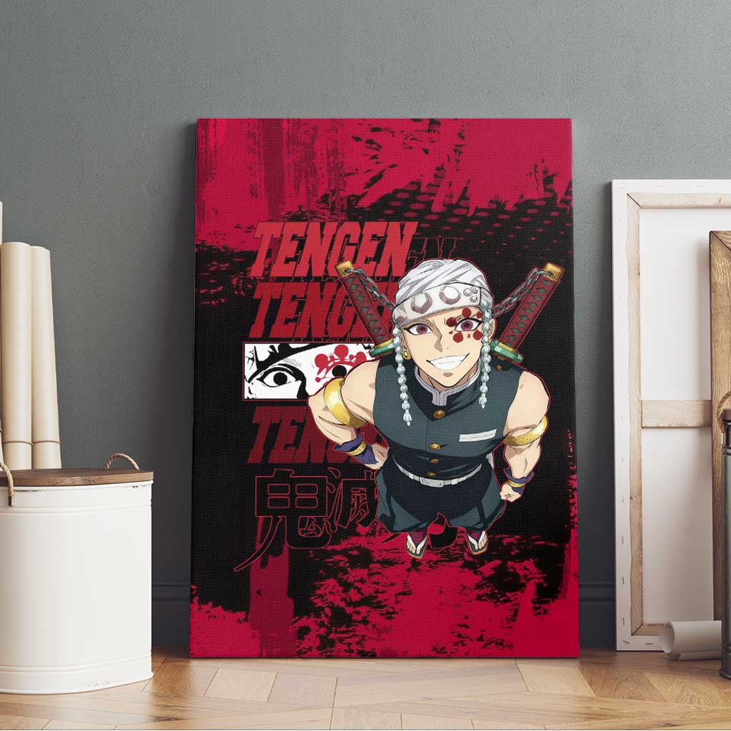 Tengen Uzui Demon Slayer Flashy Red Grunge Design Canvas Wall Art with Eye Detail and Dual Sword Pose - The Mazicc