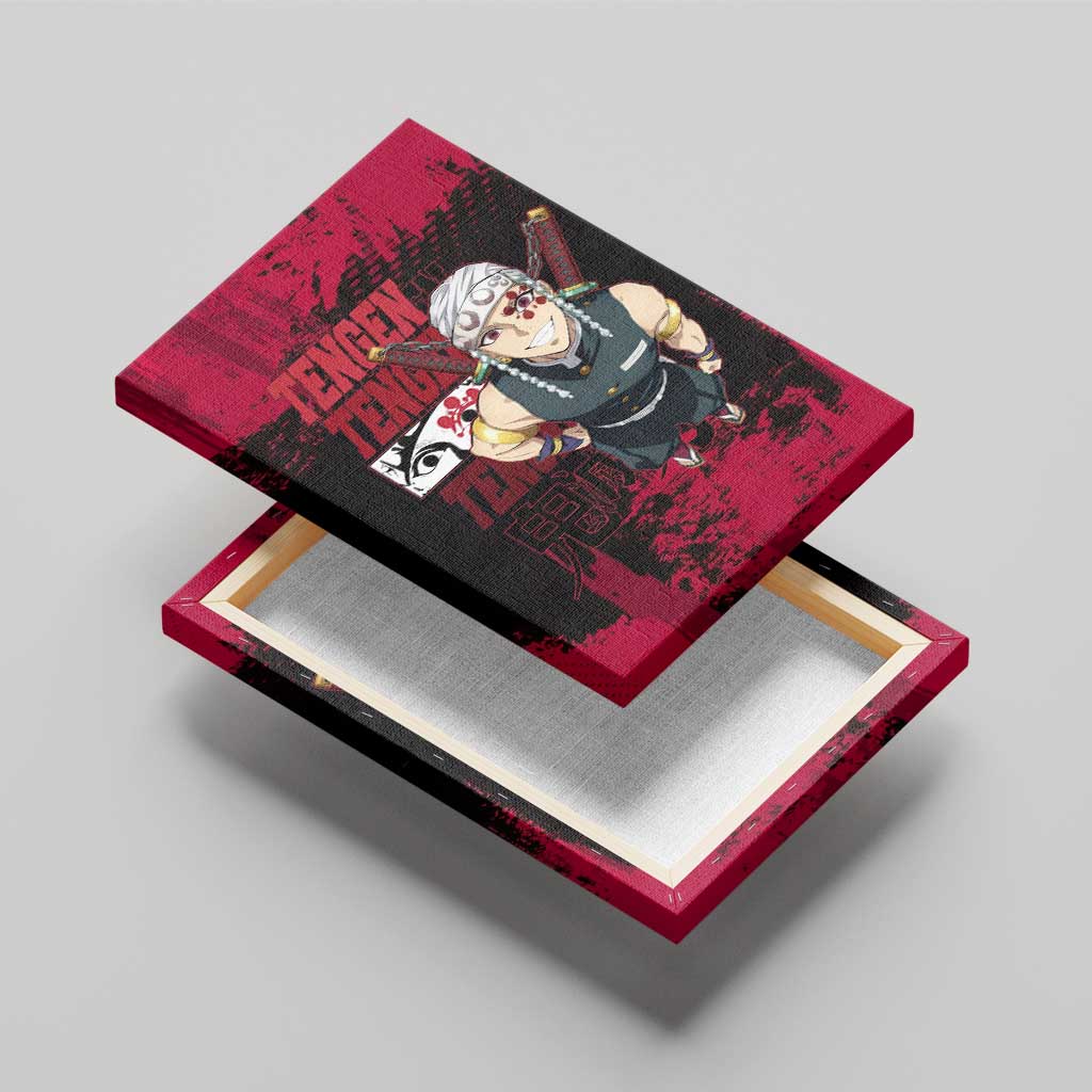 Tengen Uzui Demon Slayer Flashy Red Grunge Design Canvas Wall Art with Eye Detail and Dual Sword Pose - The Mazicc