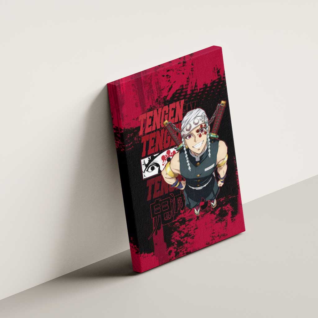 Tengen Uzui Demon Slayer Flashy Red Grunge Design Canvas Wall Art with Eye Detail and Dual Sword Pose - The Mazicc