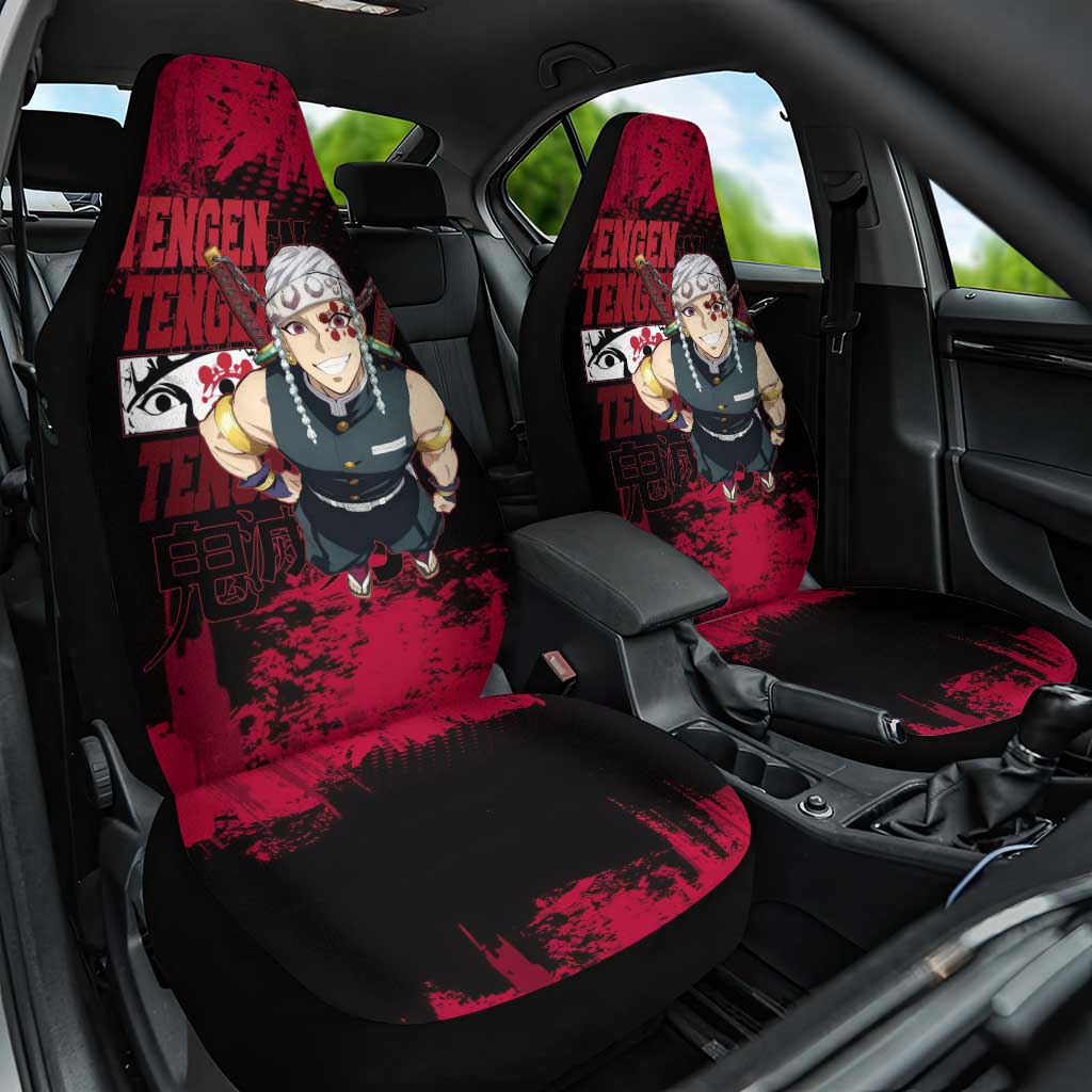 Tengen Uzui Demon Slayer Flashy Red Grunge Design Car Seat Cover with Eye Detail and Dual Sword Pose - The Mazicc