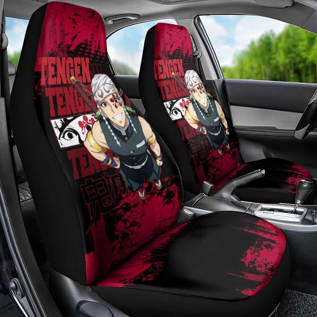 Tengen Uzui Demon Slayer Flashy Red Grunge Design Car Seat Cover with Eye Detail and Dual Sword Pose - The Mazicc