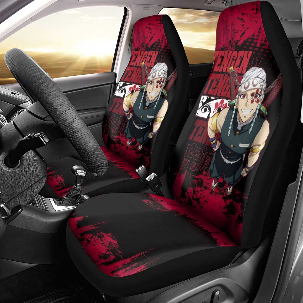 Tengen Uzui Demon Slayer Flashy Red Grunge Design Car Seat Cover with Eye Detail and Dual Sword Pose - The Mazicc