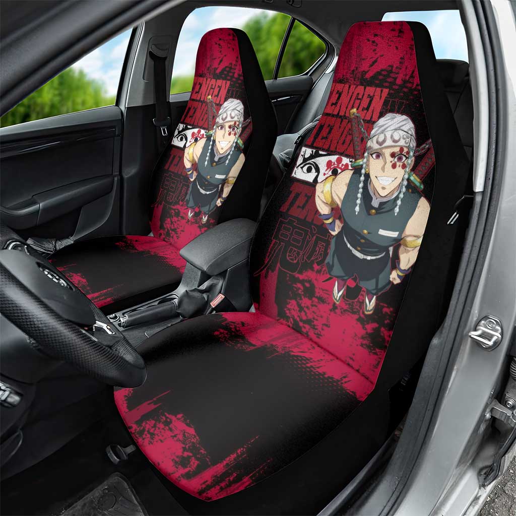 Tengen Uzui Demon Slayer Flashy Red Grunge Design Car Seat Cover with Eye Detail and Dual Sword Pose - The Mazicc