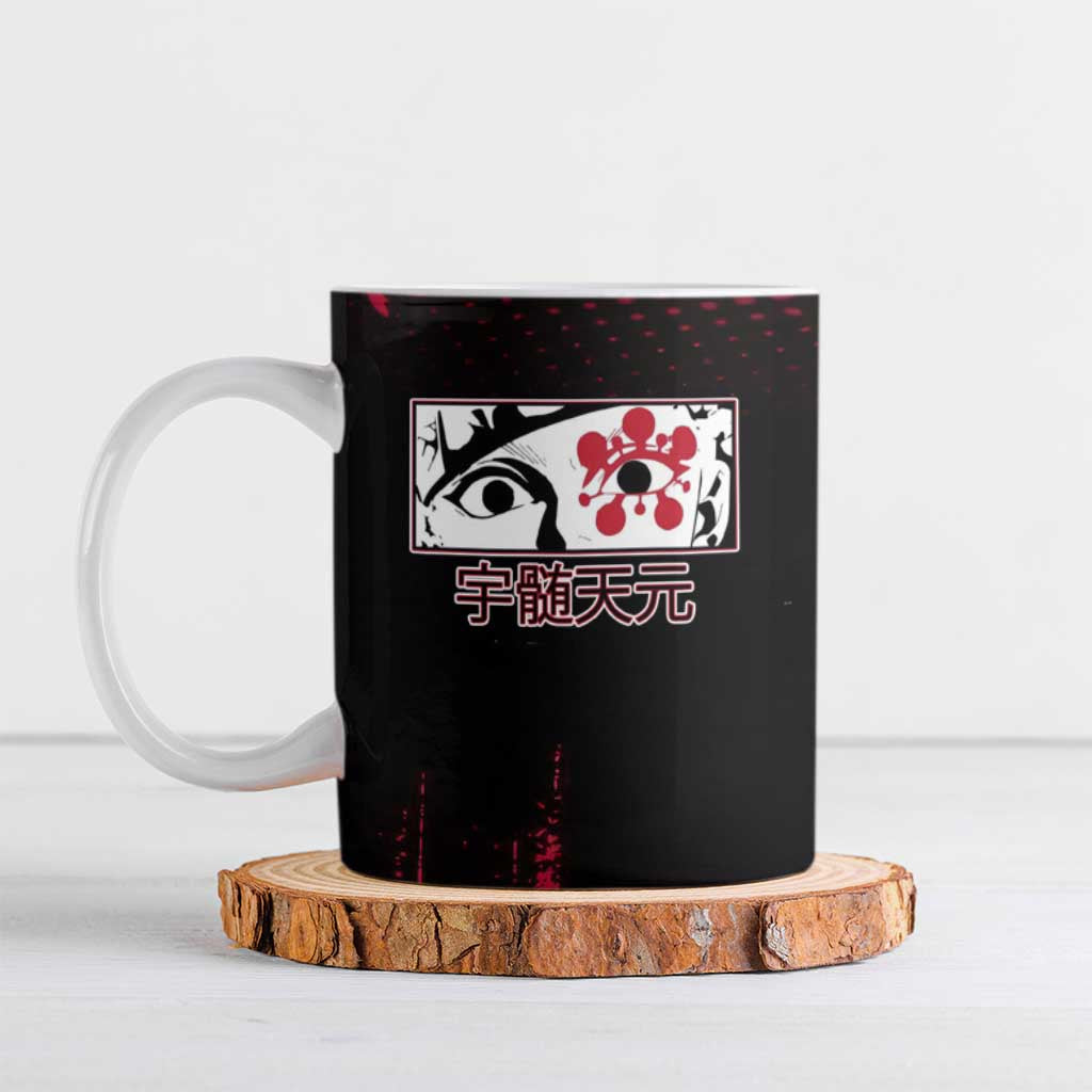 Tengen Uzui Demon Slayer Flashy Red Grunge Design Ceramic Mug with Eye Detail and Dual Sword Pose - The Mazicc