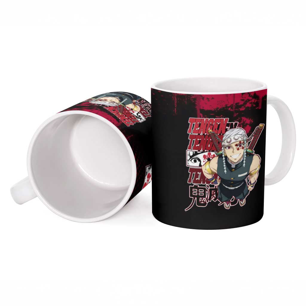 Tengen Uzui Demon Slayer Flashy Red Grunge Design Ceramic Mug with Eye Detail and Dual Sword Pose - The Mazicc